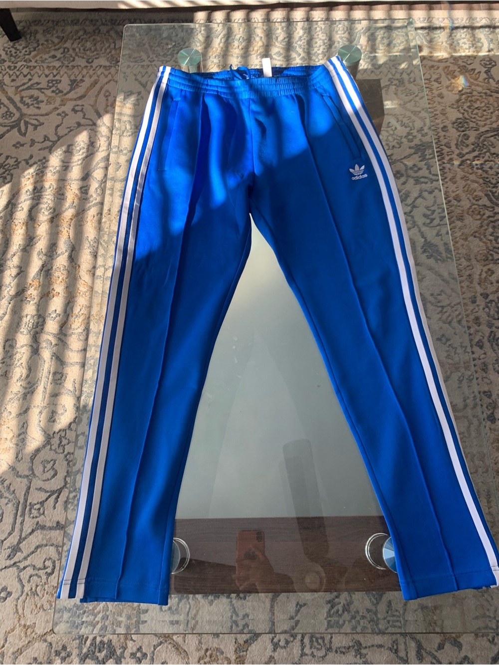 adidas Blue Track Pants with White Three-Stripes